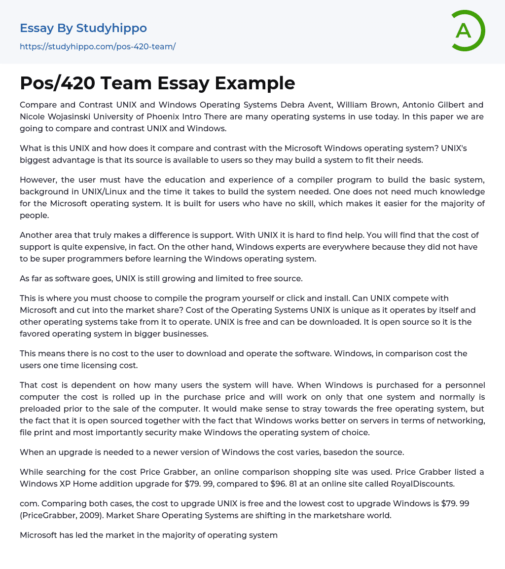 Pos/420 Team Essay Example
