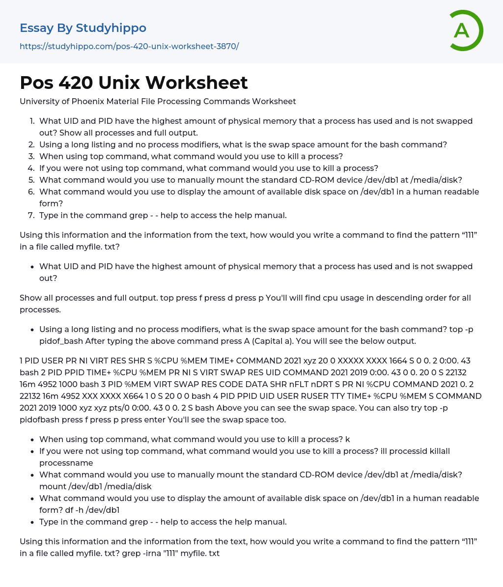Pos 420 Unix Worksheet Essay Example