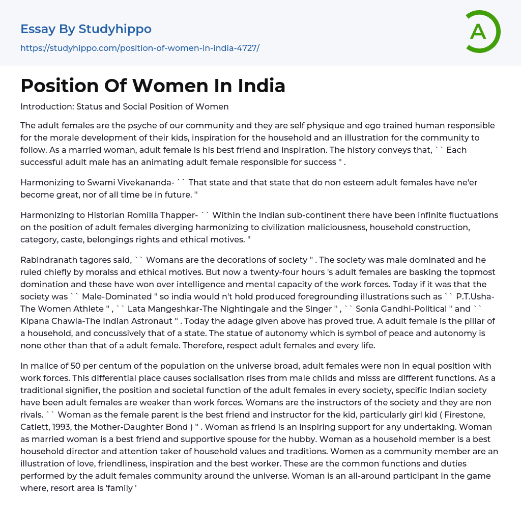 Position Of Women In India Essay Example