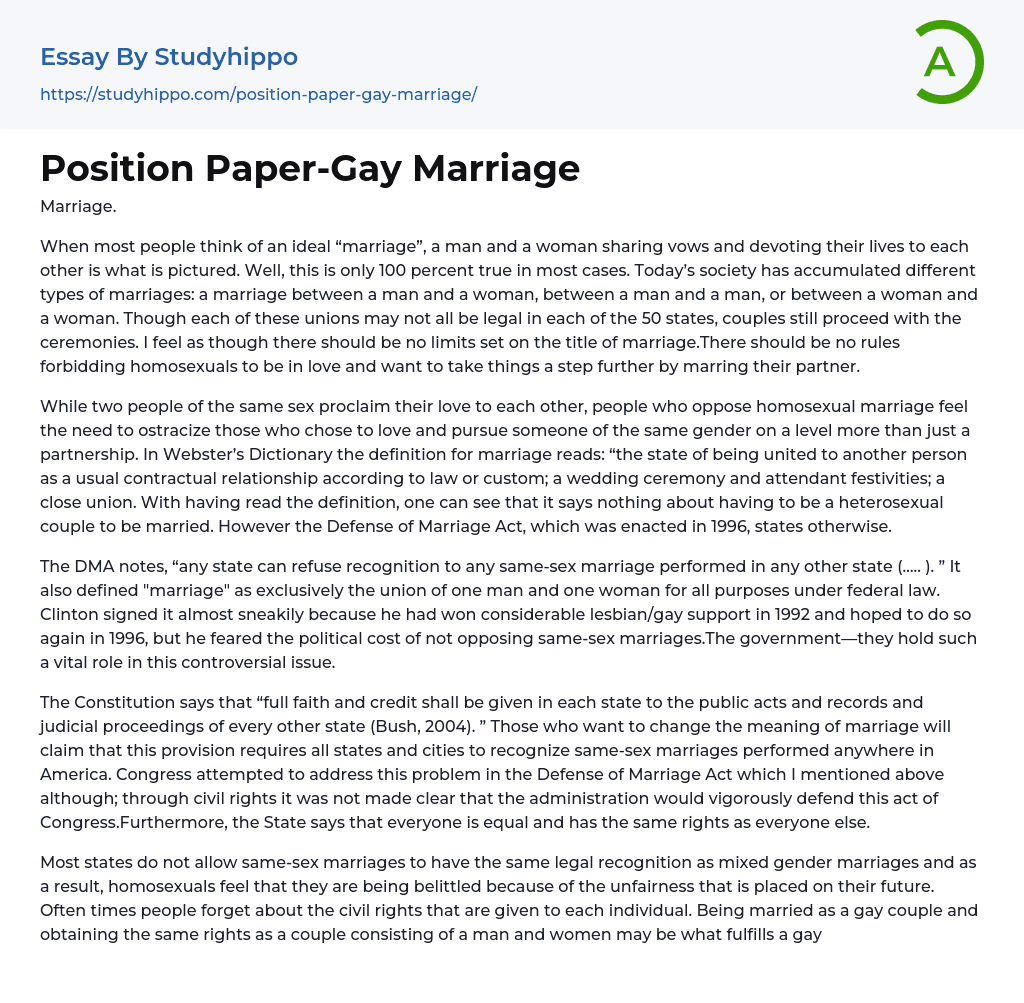 Position Paper-Gay Marriage Essay Example