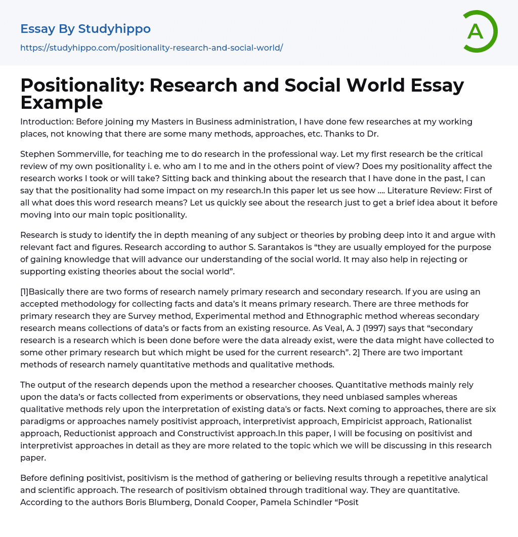 Positionality: Research and Social World Essay Example