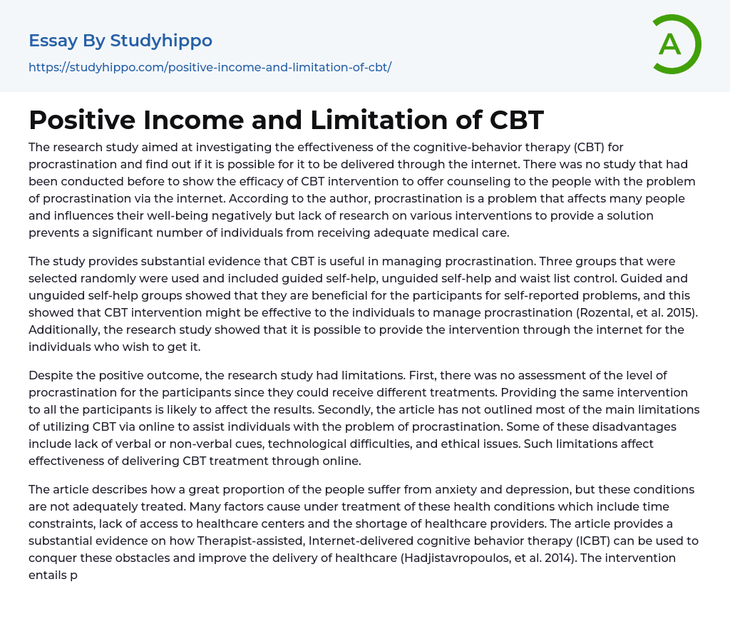 Positive Income and Limitation of CBT Essay Example