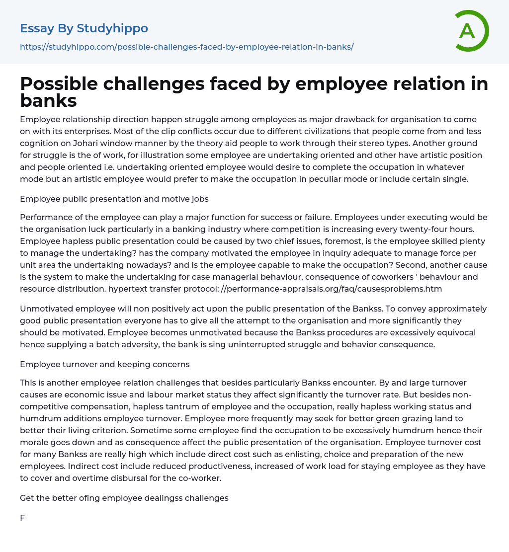 Possible challenges faced by employee relation in banks Essay Example