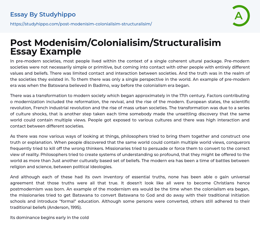 Post Modenisim/Colonialisim/Structuralisim Essay Example