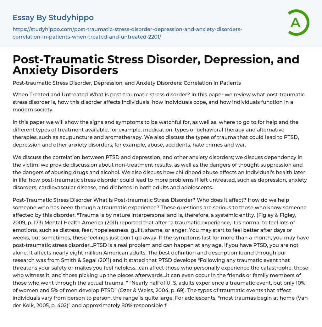 Post-Traumatic Stress Disorder, Depression, and Anxiety Disorders Essay Example