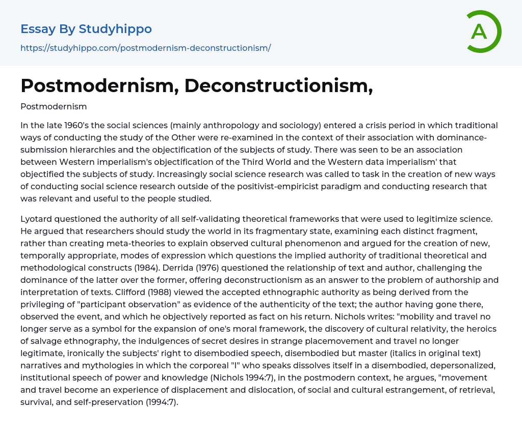 Postmodernism, Deconstructionism, Essay Example