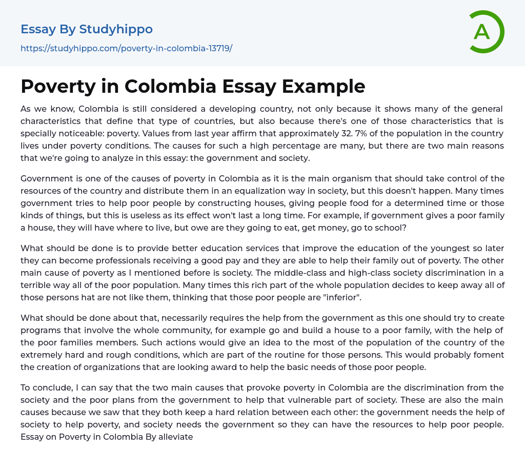 Poverty in Colombia Essay Example
