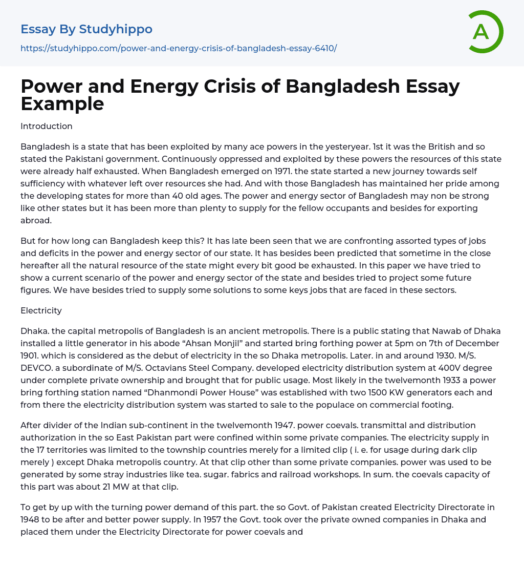 Power and Energy Crisis of Bangladesh Essay Example