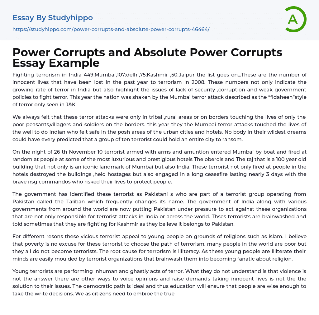 Power Corrupts and Absolute Power Corrupts Essay Example