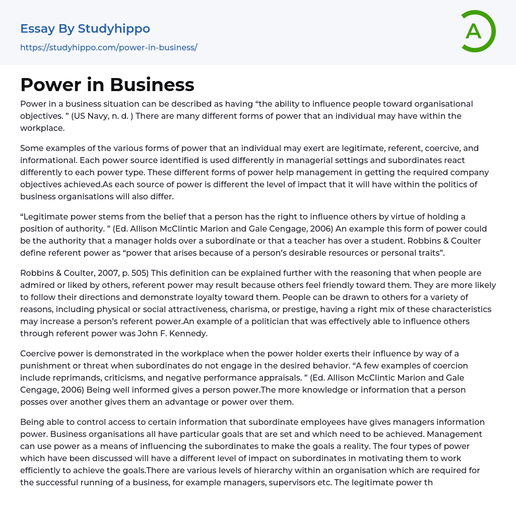 Power in Business Essay Example