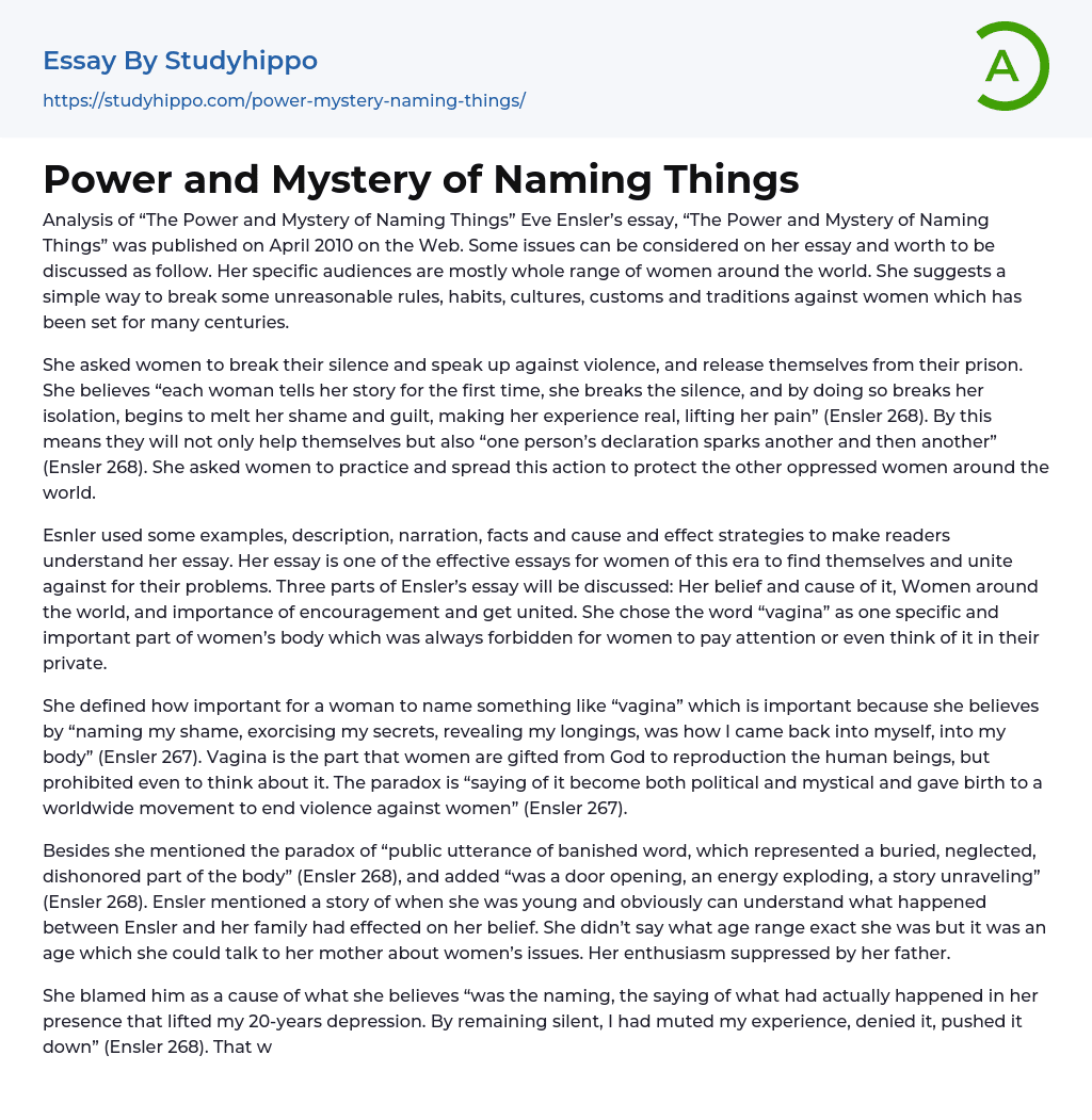 Power and Mystery of Naming Things Essay Example