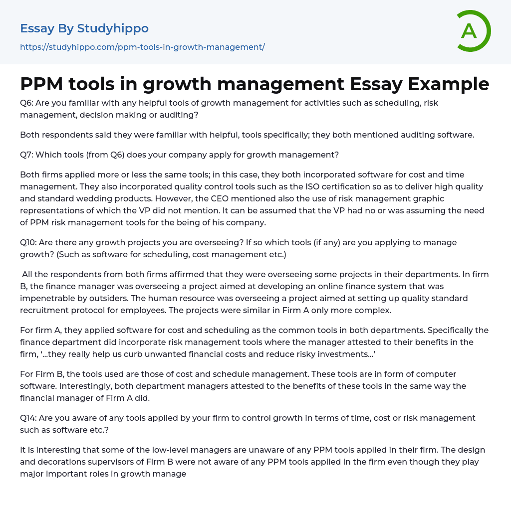 PPM tools in growth management Essay Example