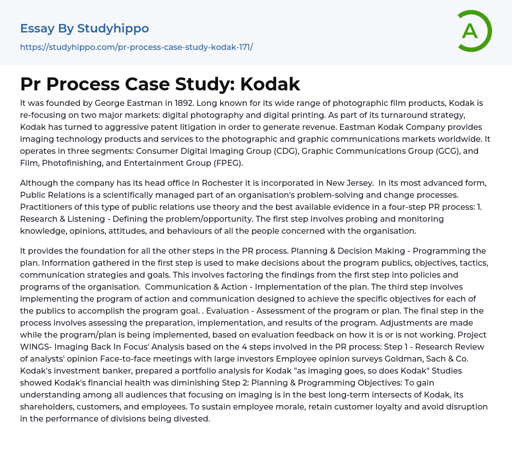 Pr Process Case Study: Kodak Essay Example