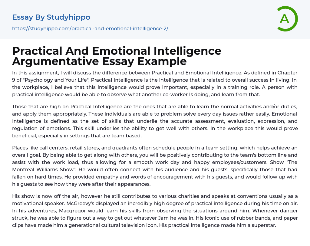 Practical And Emotional Intelligence Argumentative Essay Example
