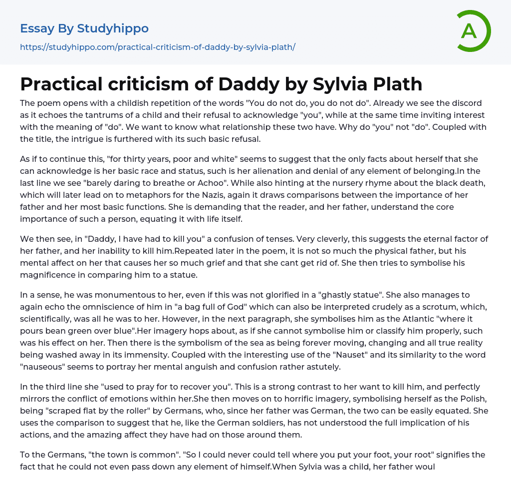 Practical criticism of Daddy by Sylvia Plath Essay Example
