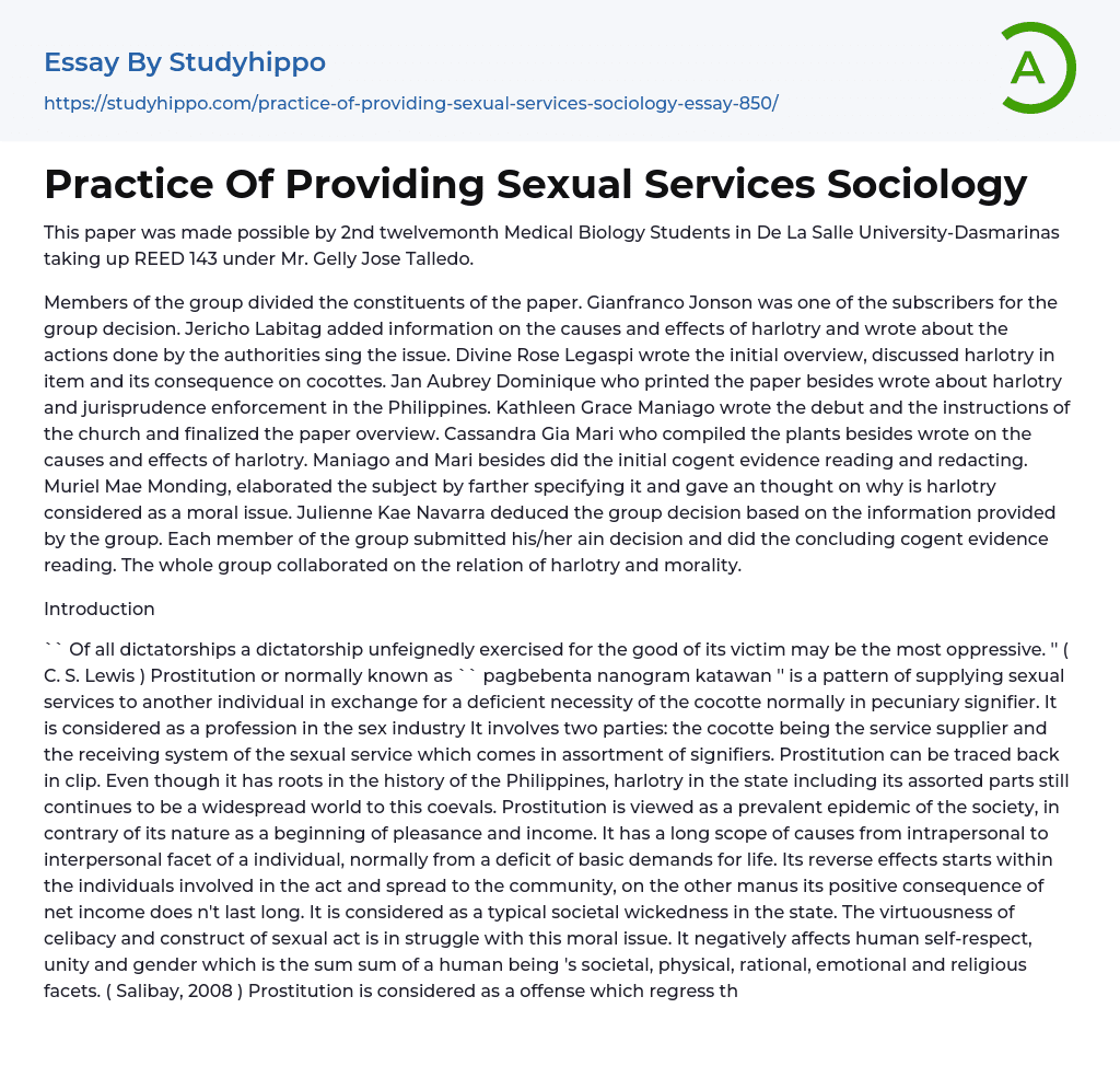 Practice Of Providing Sexual Services Sociology Essay Example