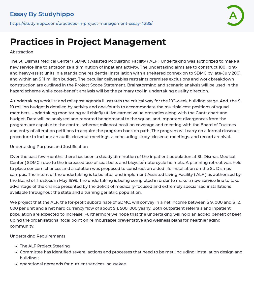 Practices in Project Management Essay Example