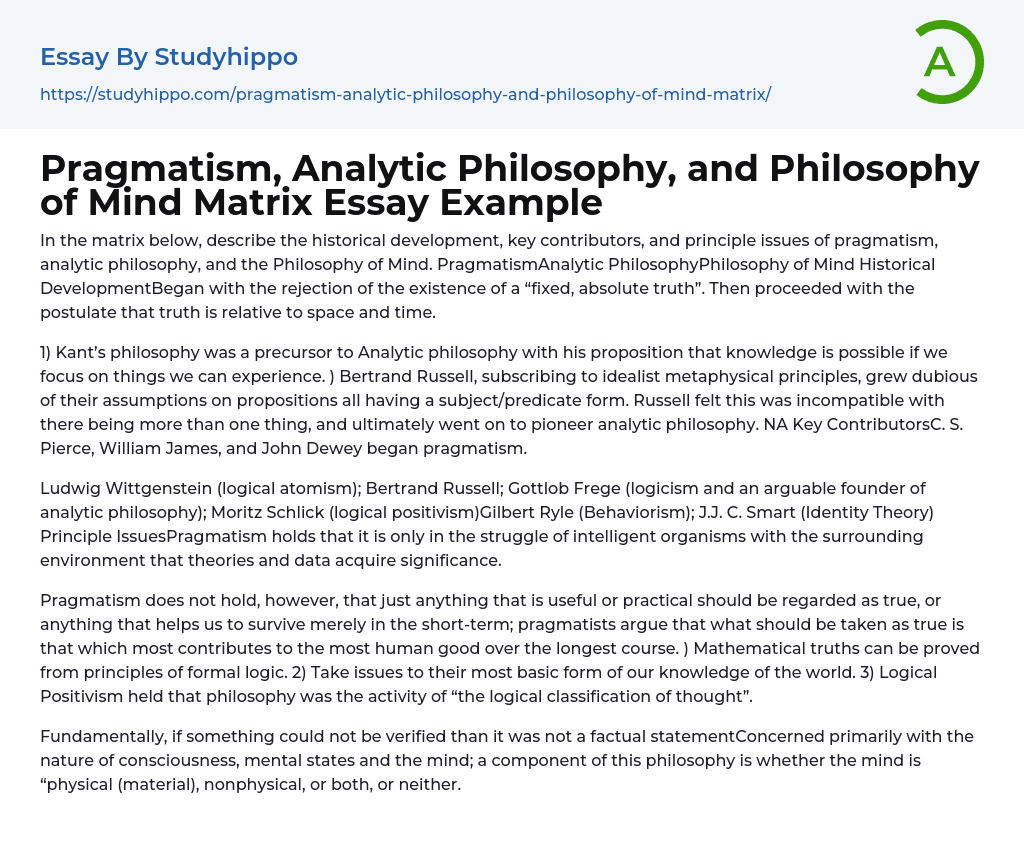 Pragmatism, Analytic Philosophy, and Philosophy of Mind Matrix Essay Example