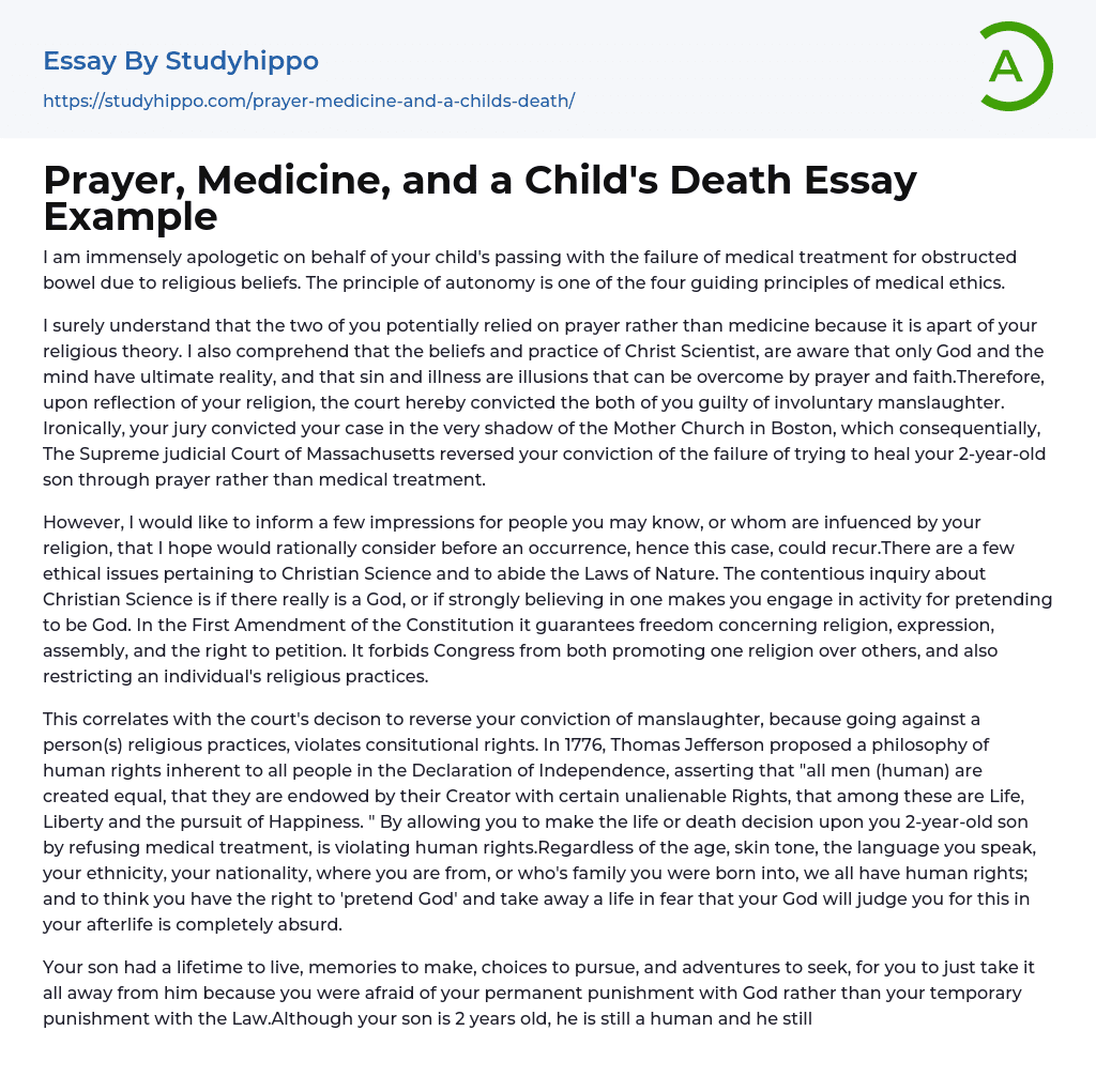 Prayer, Medicine, and a Child’s Death Essay Example