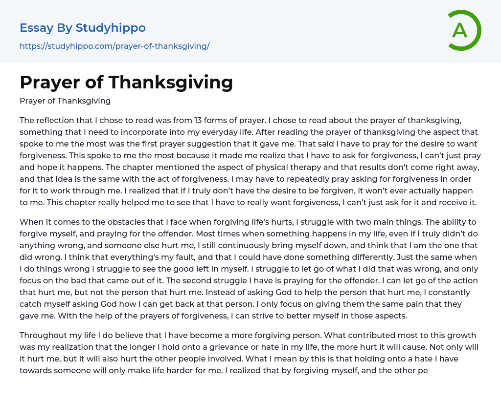 Prayer of Thanksgiving Essay Example