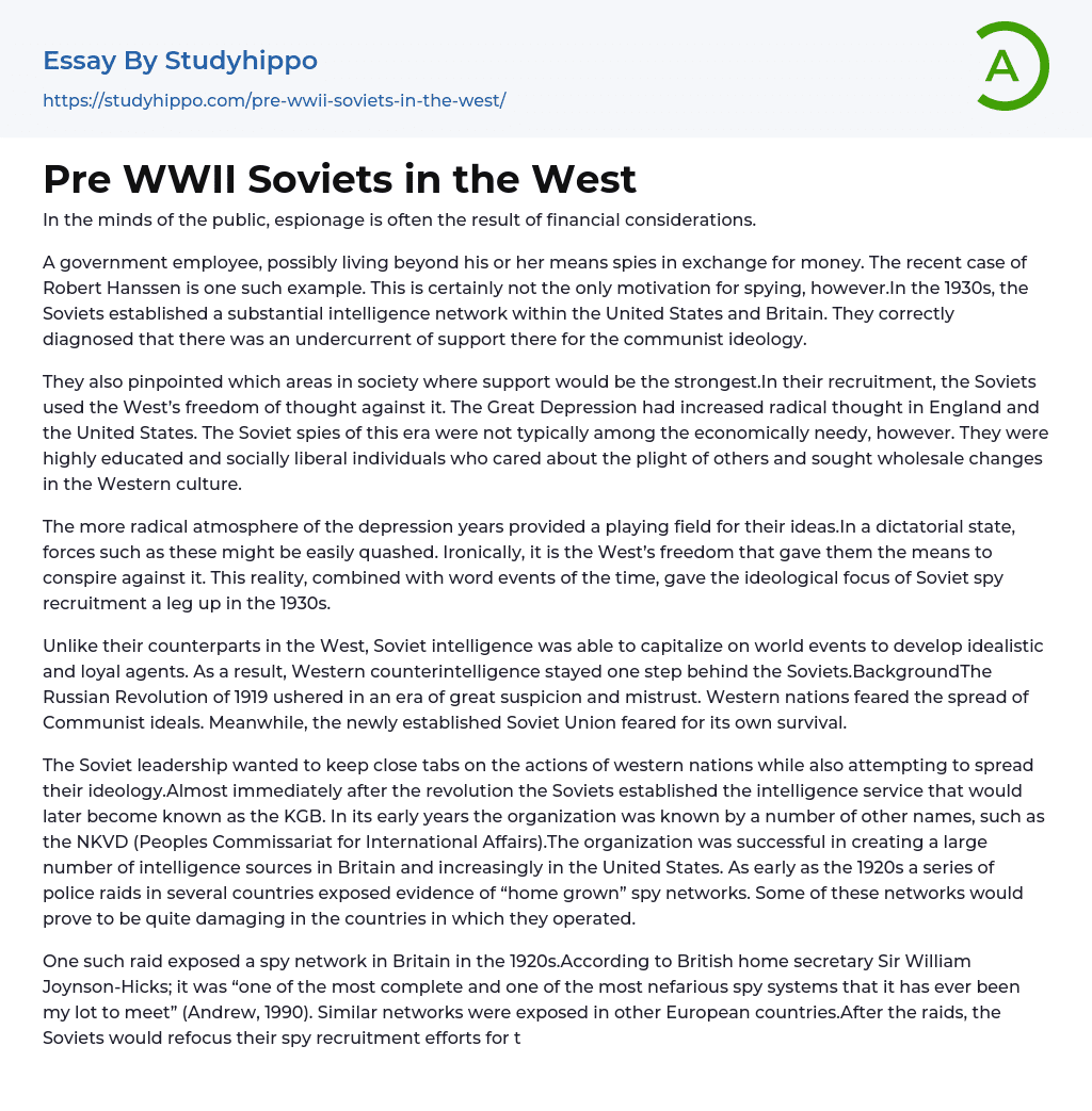 Pre WWII Soviets in the West Essay Example