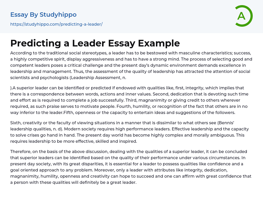 Predicting a Leader Essay Example