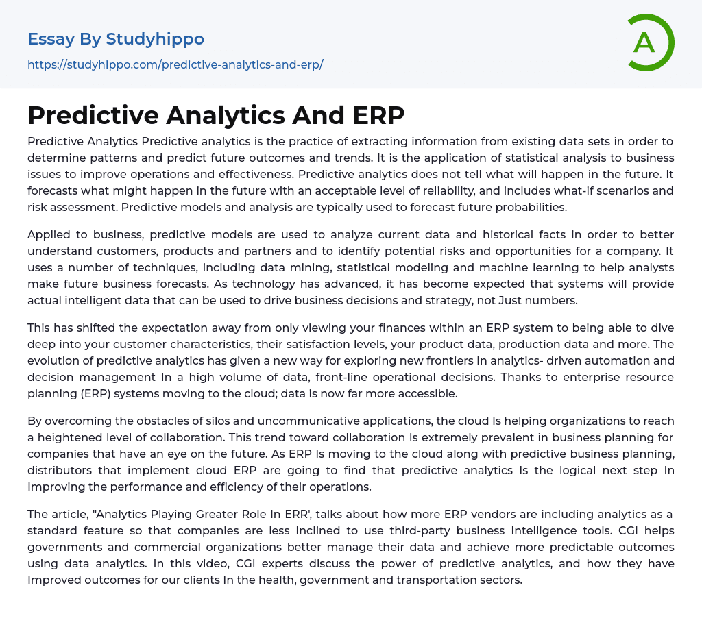 Predictive Analytics And ERP Essay Example