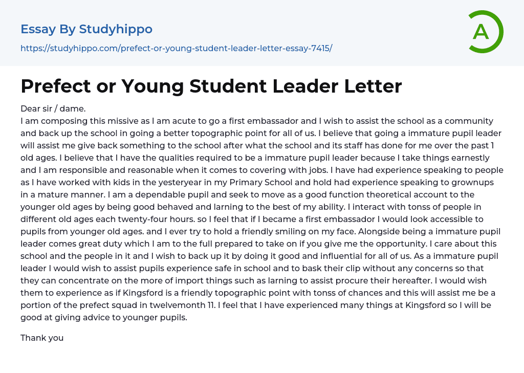 Prefect or Young Student Leader Letter Essay Example