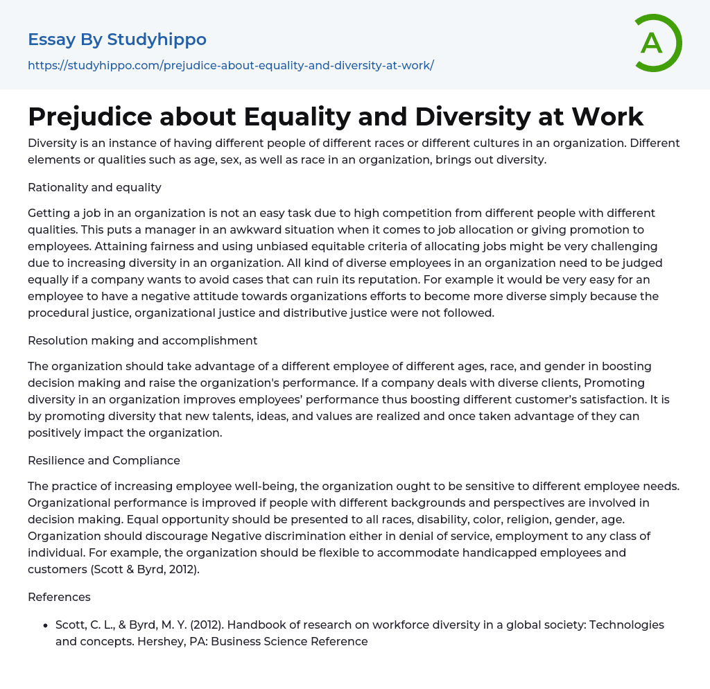Prejudice about Equality and Diversity at Work Essay Example