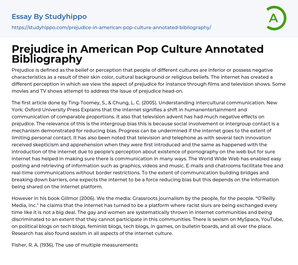 Prejudice in American Pop Culture Annotated Bibliography Essay Example