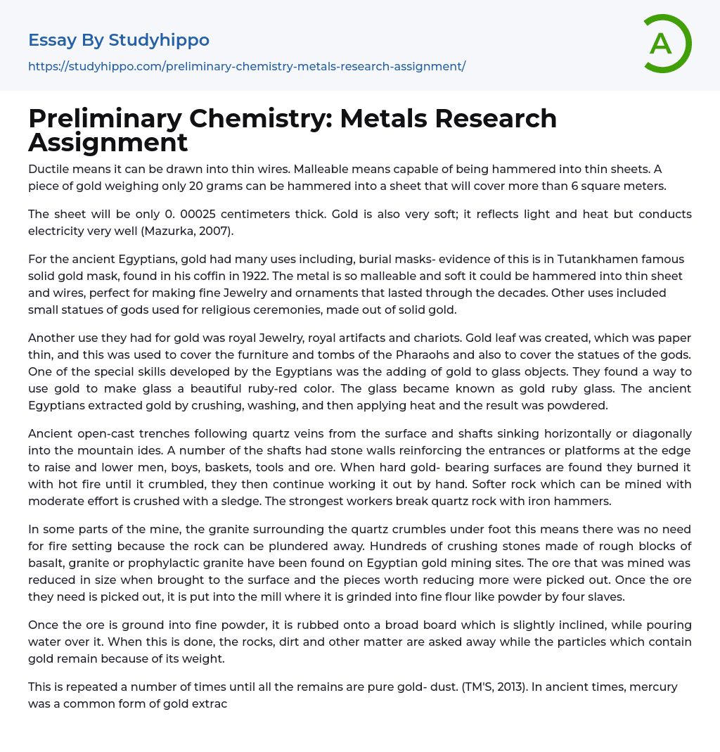 Preliminary Chemistry: Metals Research Assignment Essay Example