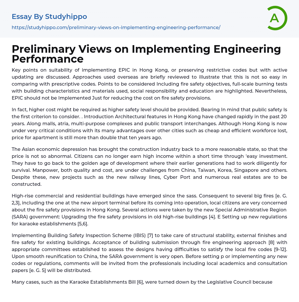 Preliminary Views on Implementing Engineering Performance Essay Example