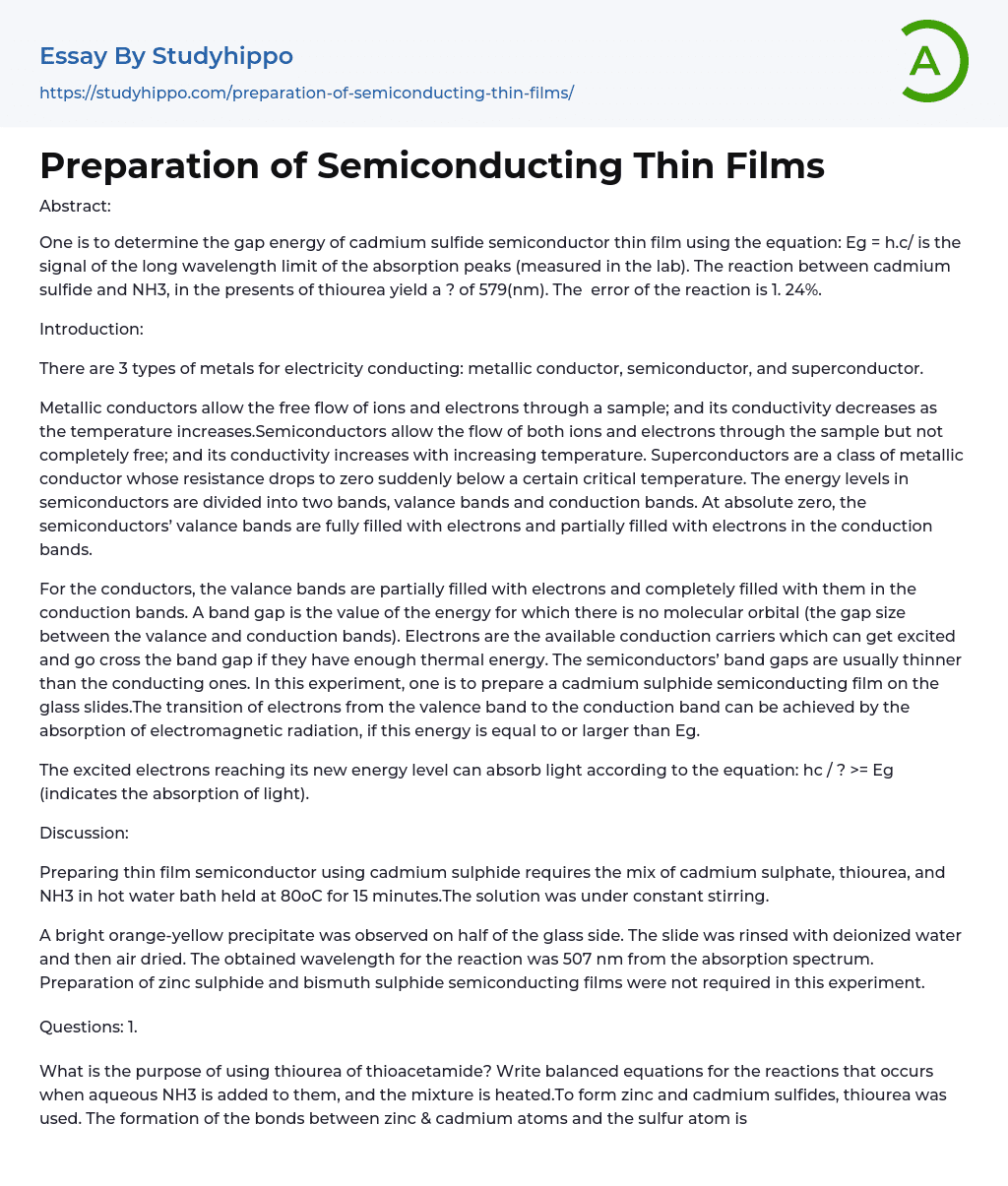 Preparation of Semiconducting Thin Films Essay Example