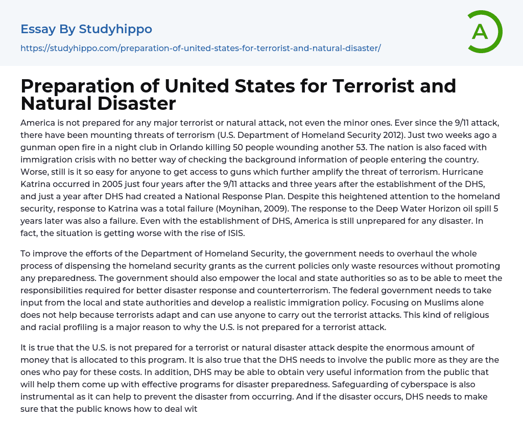 Preparation of United States for Terrorist and Natural Disaster Essay Example