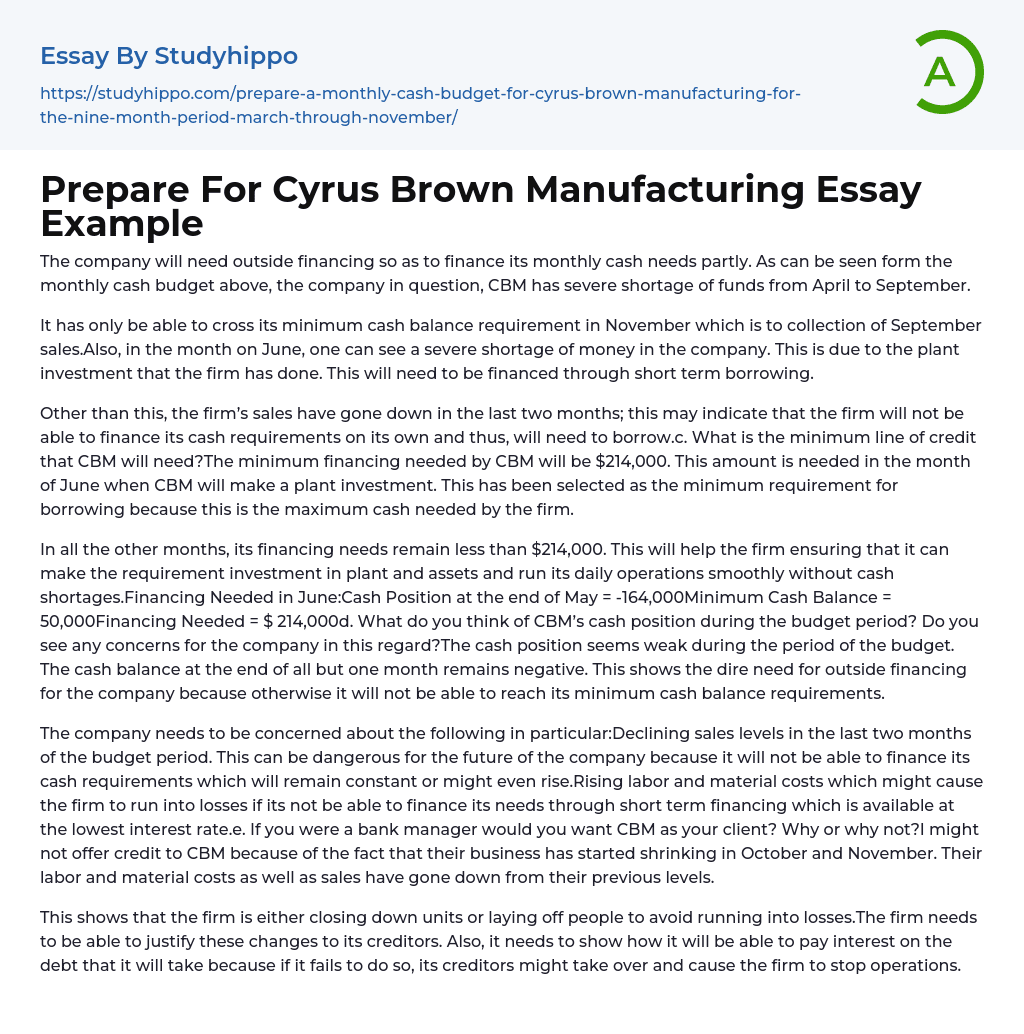 Prepare For Cyrus Brown Manufacturing Essay Example