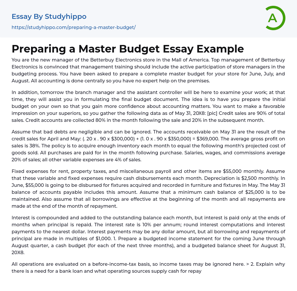 Preparing a Master Budget Essay Example