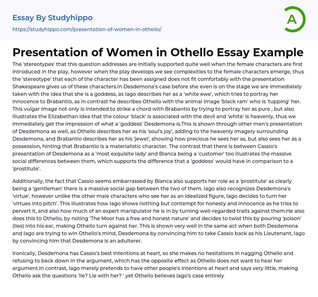 Presentation of Women in Othello Essay Example