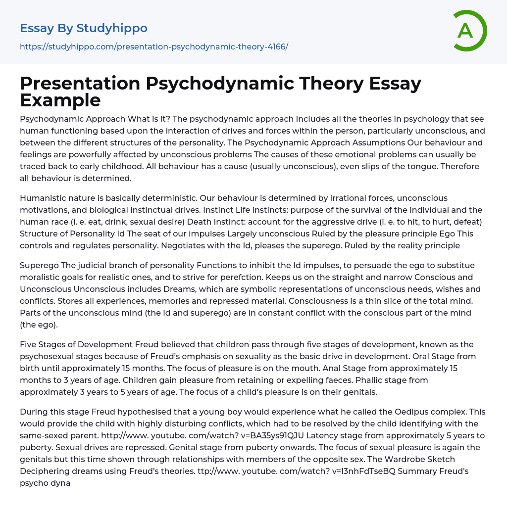 Presentation Psychodynamic Theory Essay Example