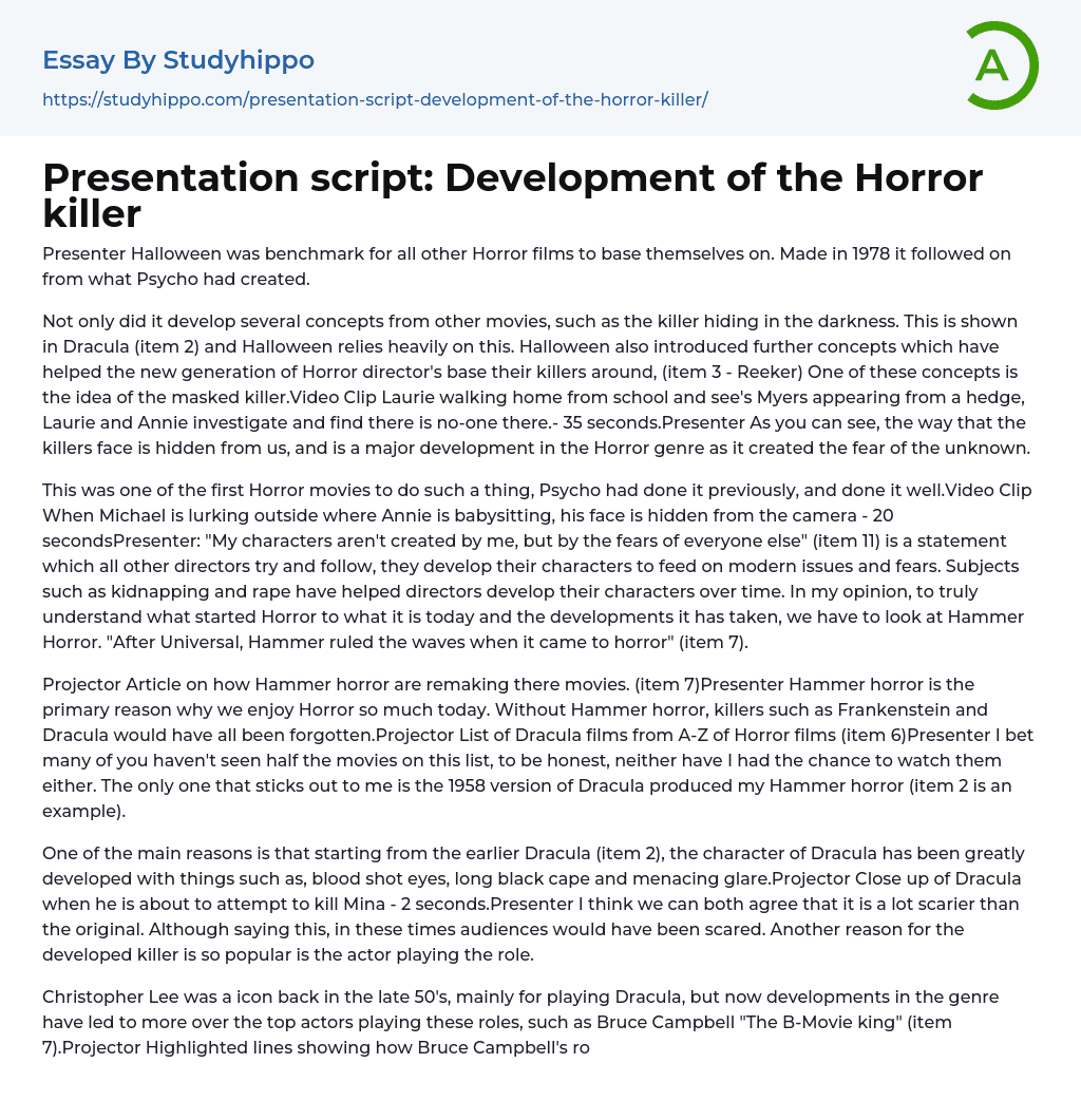 Presentation script: Development of the Horror killer Essay Example