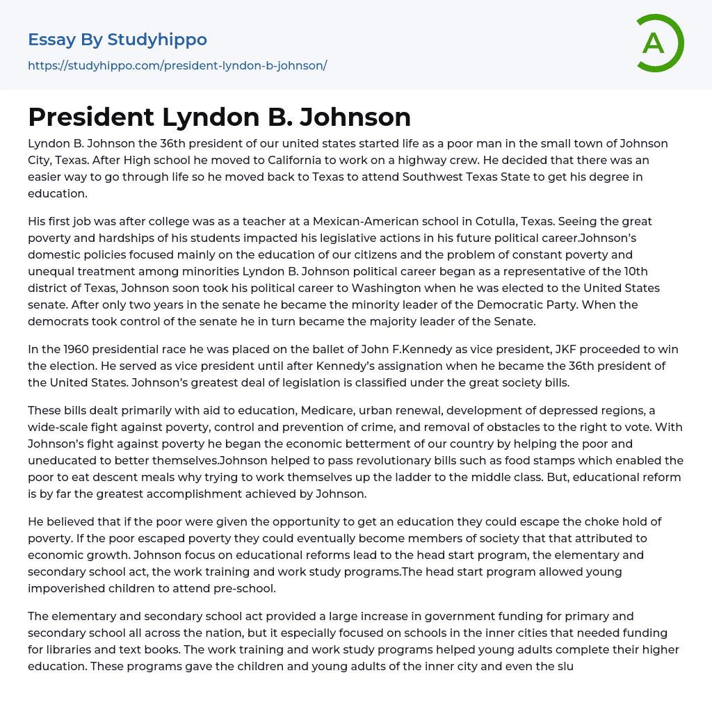 President Lyndon B. Johnson Essay Example