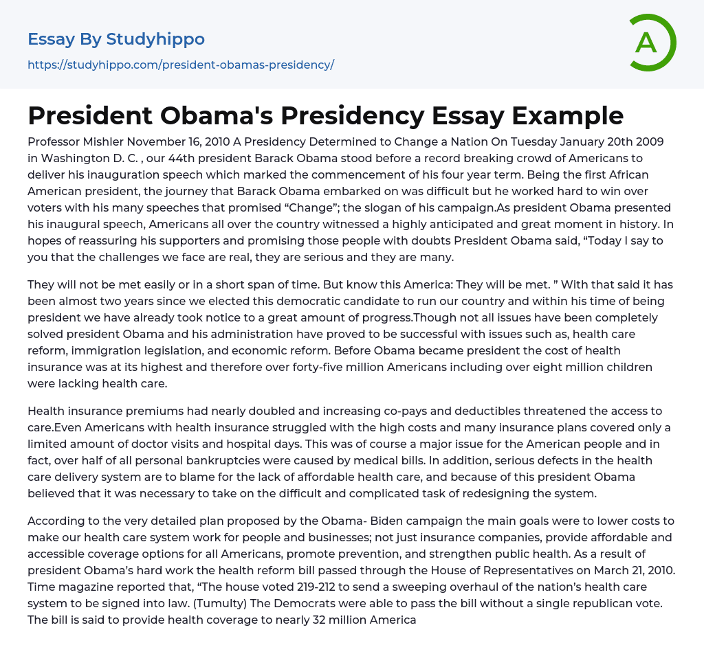 President Obama’s Presidency Essay Example