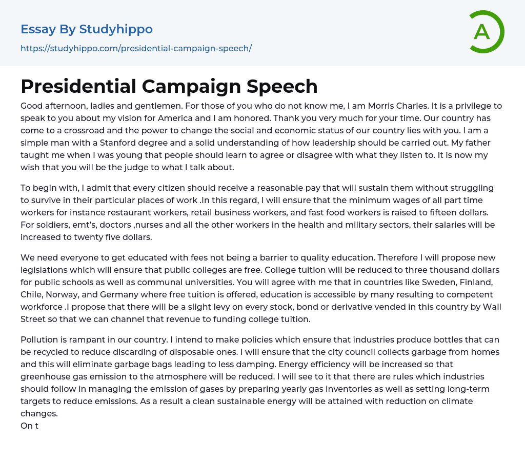 Presidential Campaign Speech Essay Example