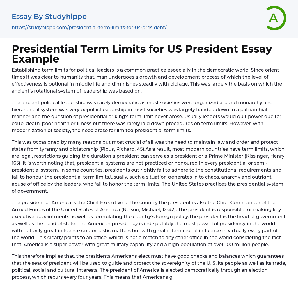 Presidential Term Limits for US President Essay Example