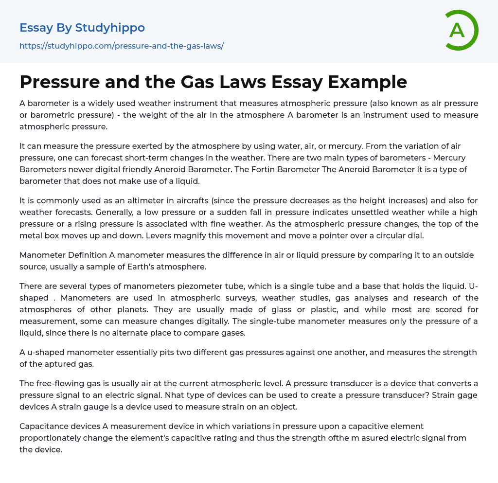 Pressure and the Gas Laws Essay Example