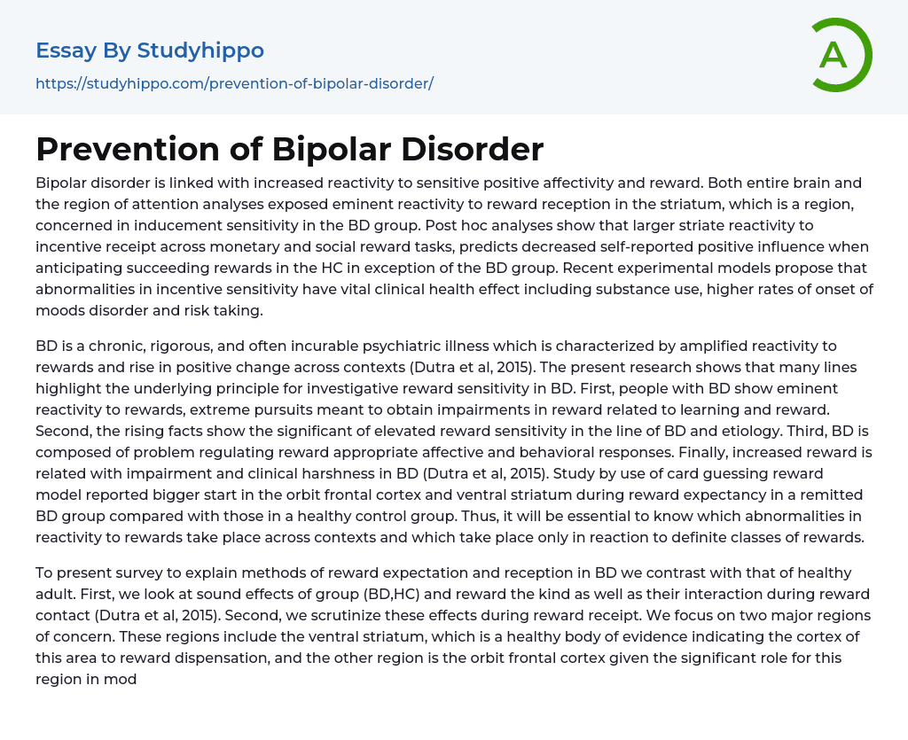 Prevention of Bipolar Disorder Essay Example