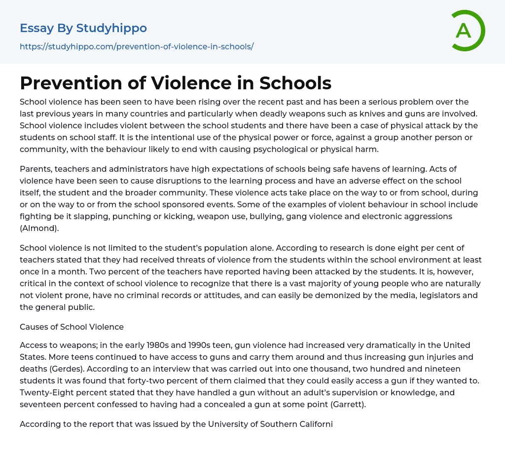 Prevention of Violence in Schools Essay Example
