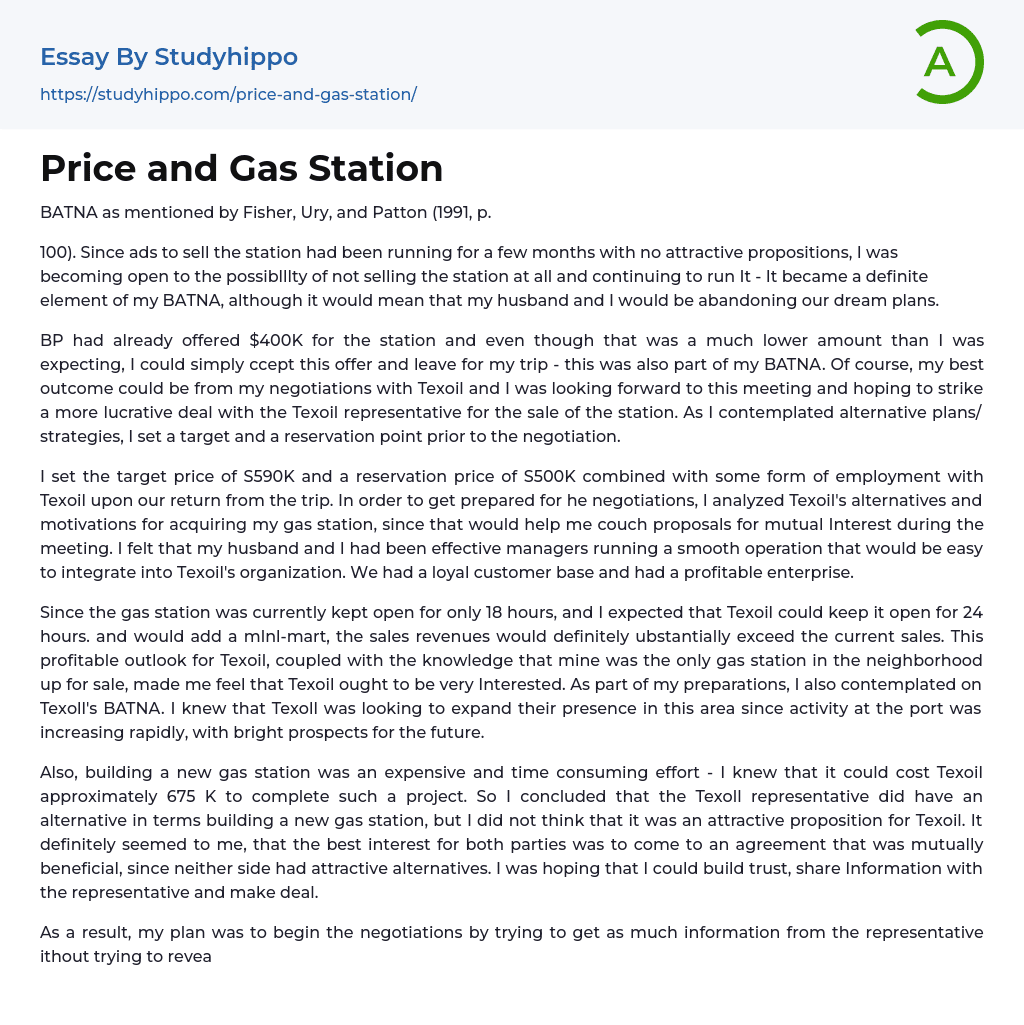 Price and Gas Station Essay Example