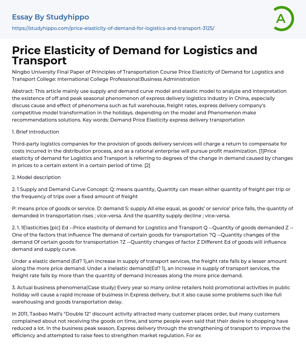 Price Elasticity of Demand for Logistics and Transport Essay Example