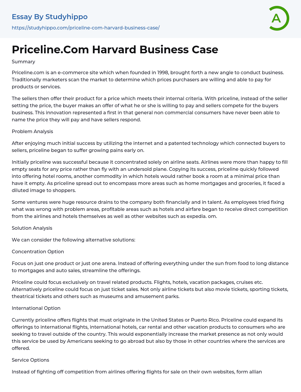 Priceline.Com Harvard Business Case Essay Example