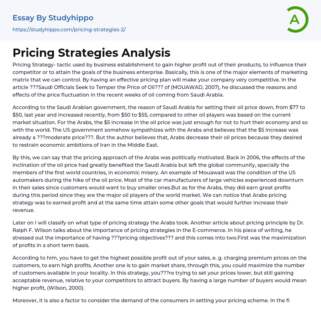 Pricing Strategies Analysis Essay Example